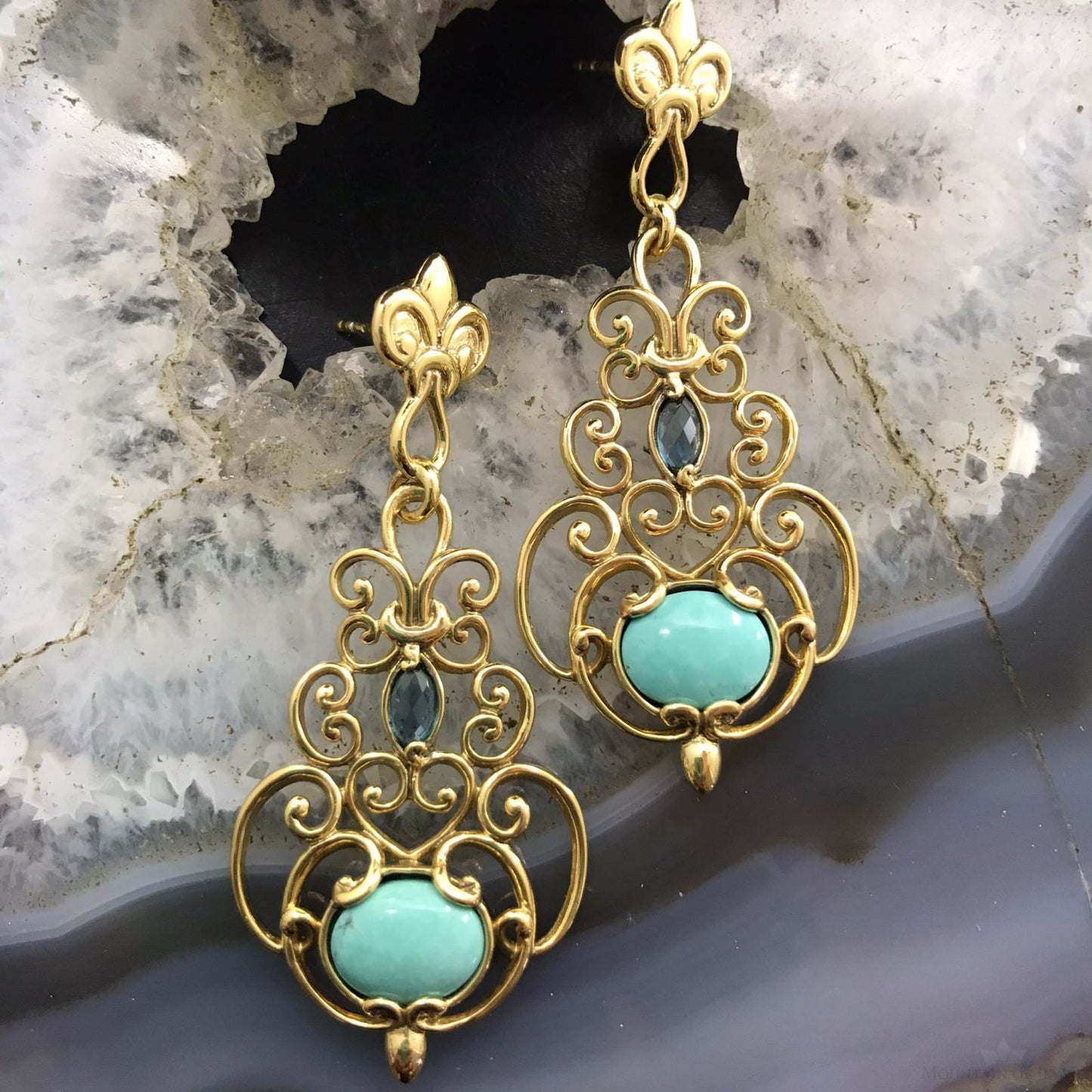 Carolyn Pollack Brass London Blue Topaz & Turquoise Dangle Earrings For Women