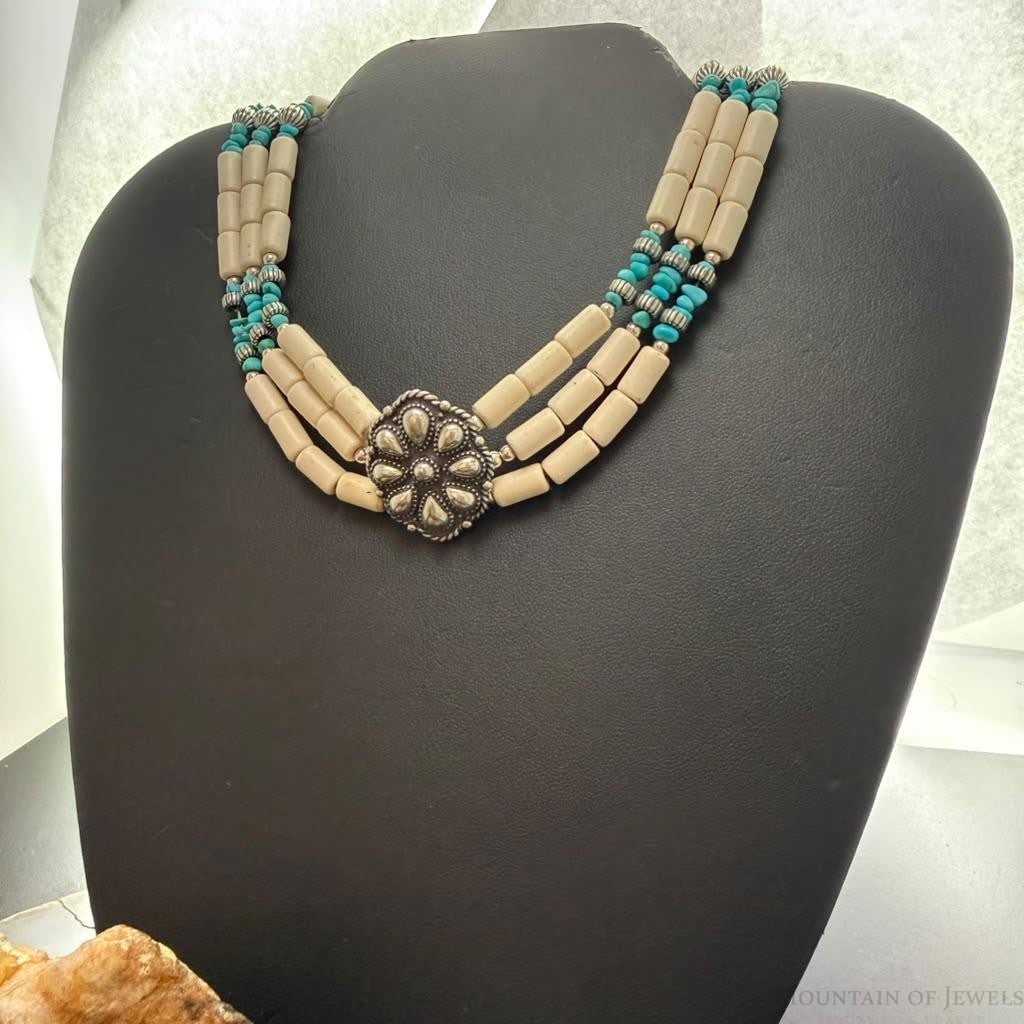 Carolyn Pollack Sterling Silver Concho w/Turquoise &White Agate 19" Necklace For Women.