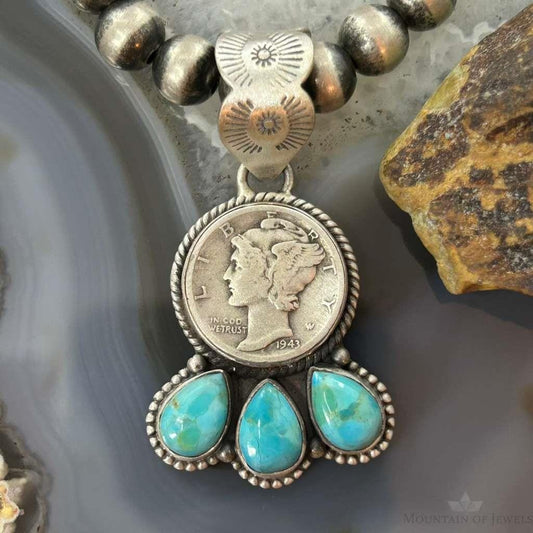 Genuine 1943 90% Silver Mercury Dime Coin w/Teardrop Turquoise Pendant #1