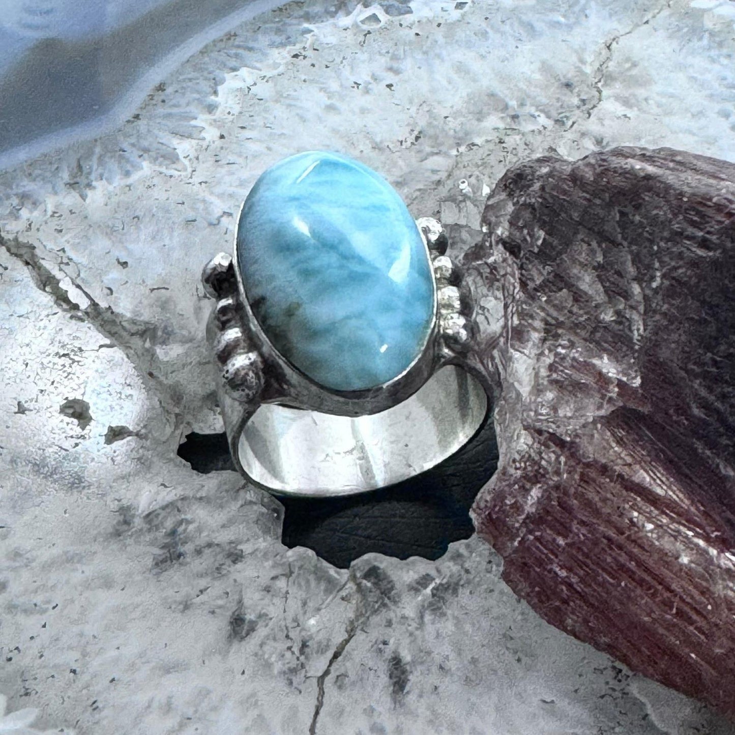 Sterling Silver Southwestern Style Oval Larimar Wide Band Ring Size 8 For Women