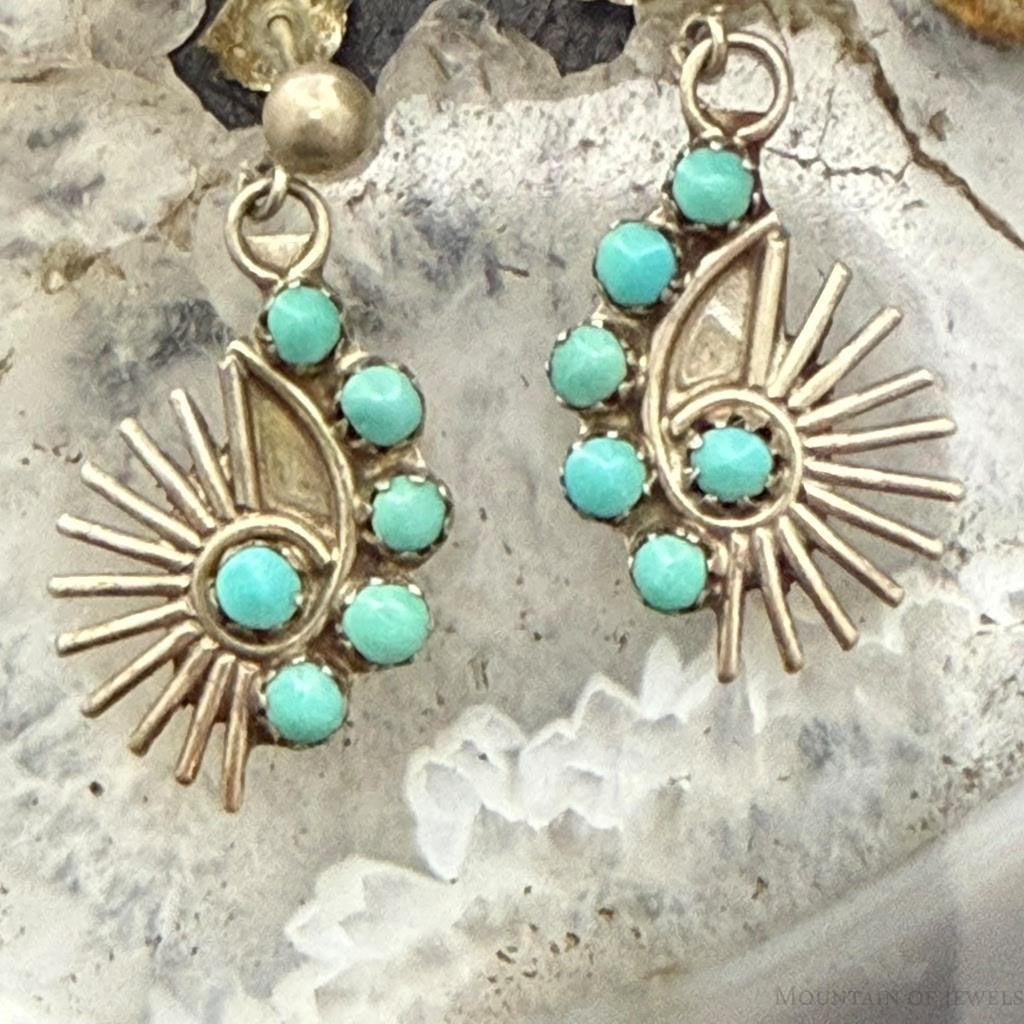 Vintage Native American Silver 6 Petitpoint Turquoise Dangle Earrings For Women