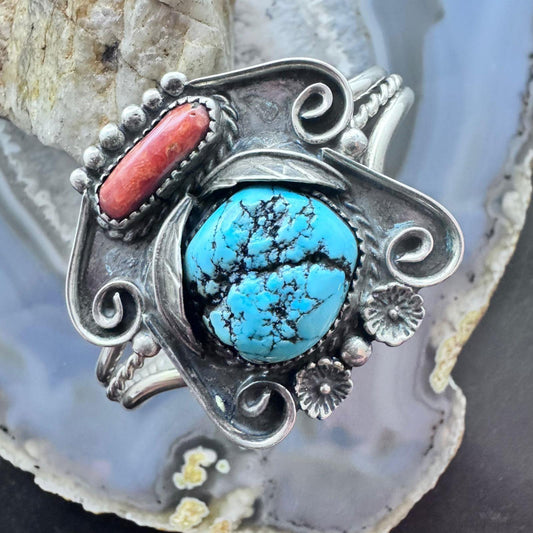 Vintage Native American Silver Kingman Turquoise & Coral Bracelet For Women