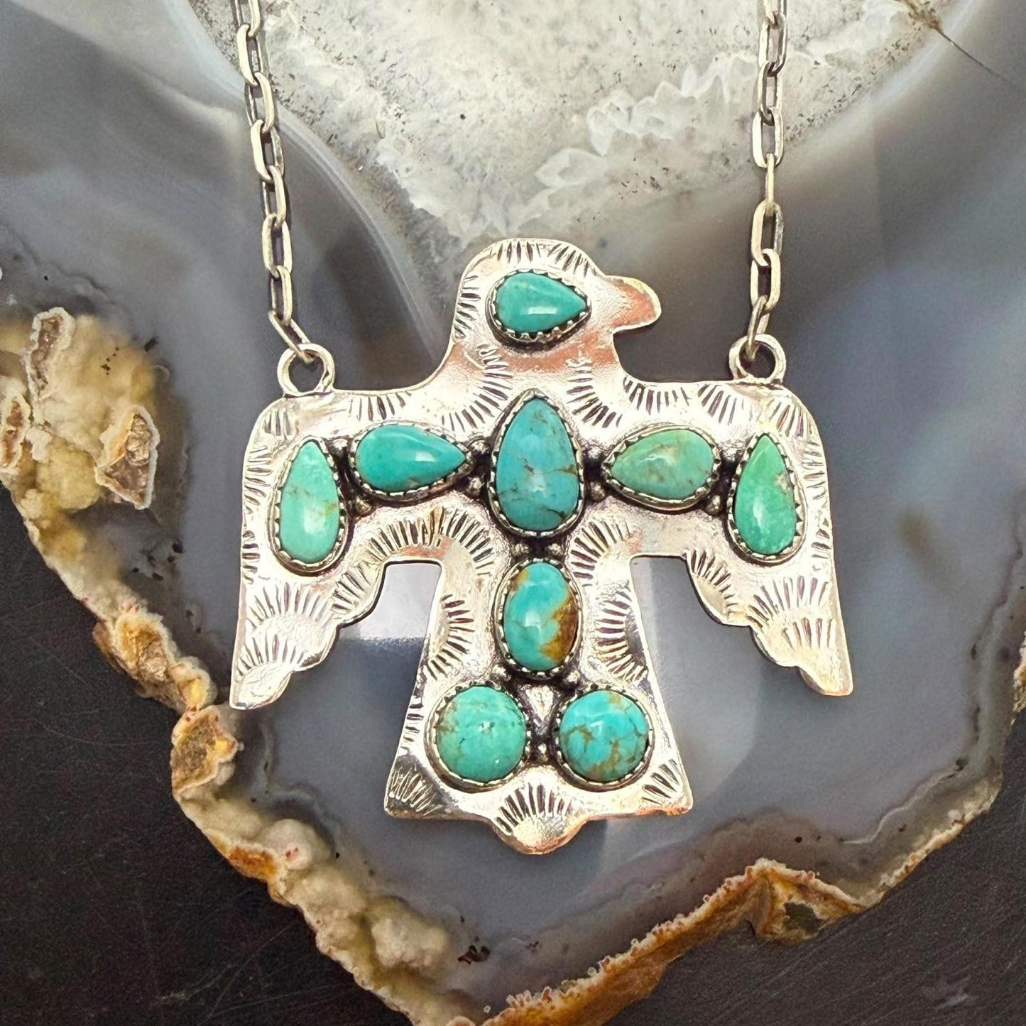 Sterling Silver Southwestern Style Kingman Turquoise Thunderbird Pendant Necklace For Women #1