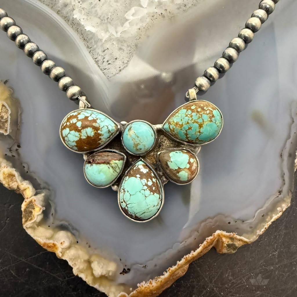 Sterling Silver Southwestern Style Turquoise #8 Navajo Pearl Beads Necklace For Women