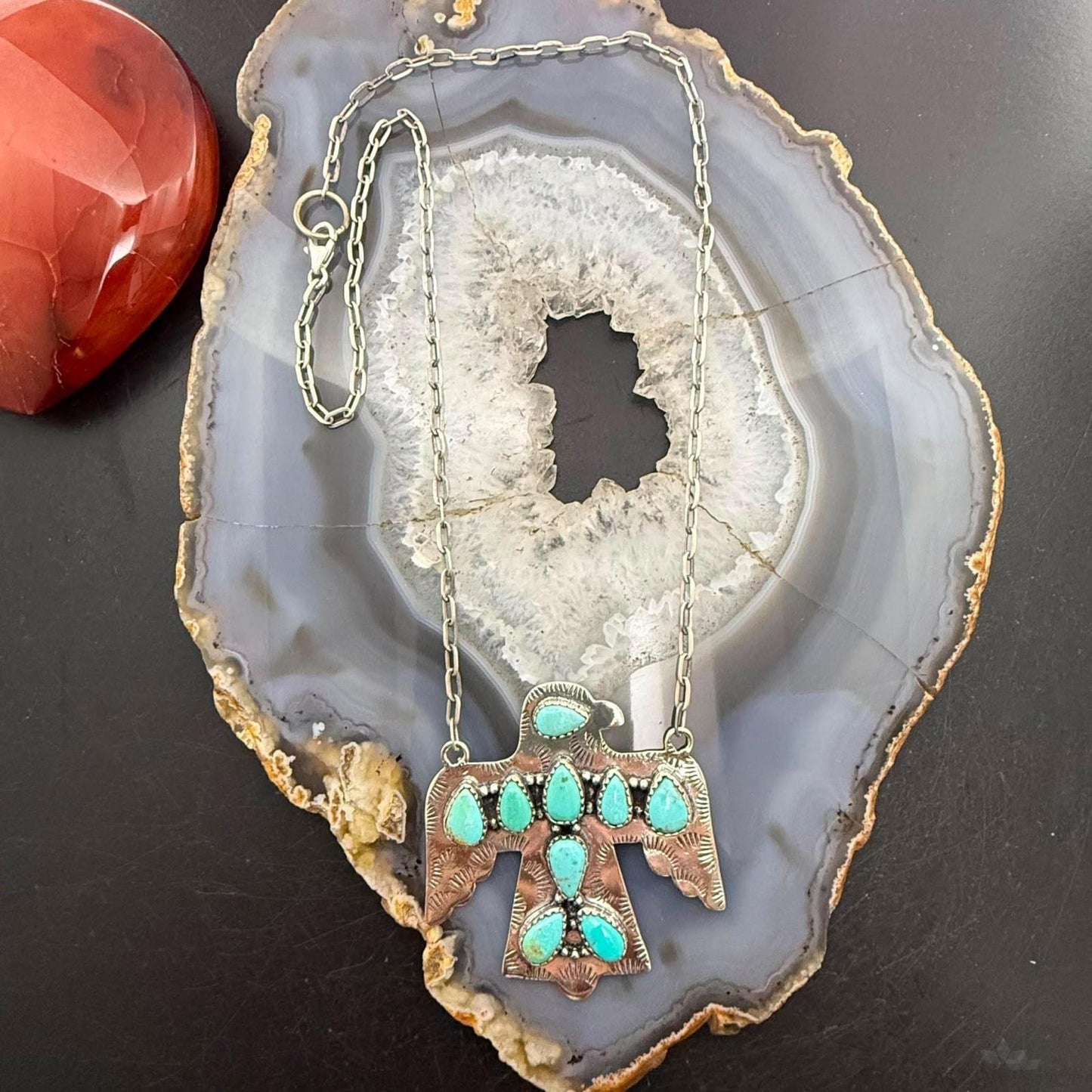 Sterling Southwestern Style Kingman Turquoise Thunderbird Pendant Necklace #4