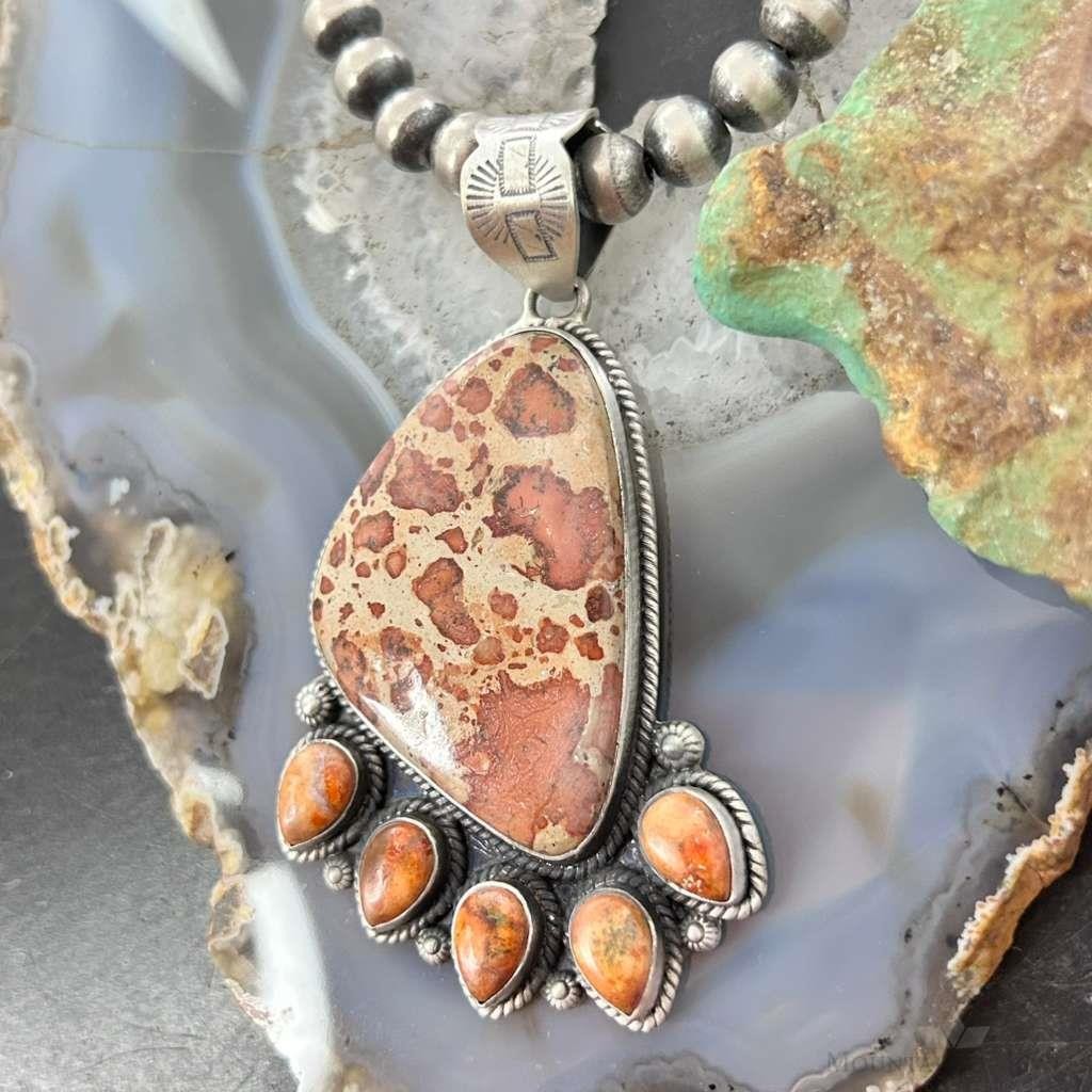 Sterling Silver Southwestern Style Picture Jasper & Spiny Oyster Pendant For Women