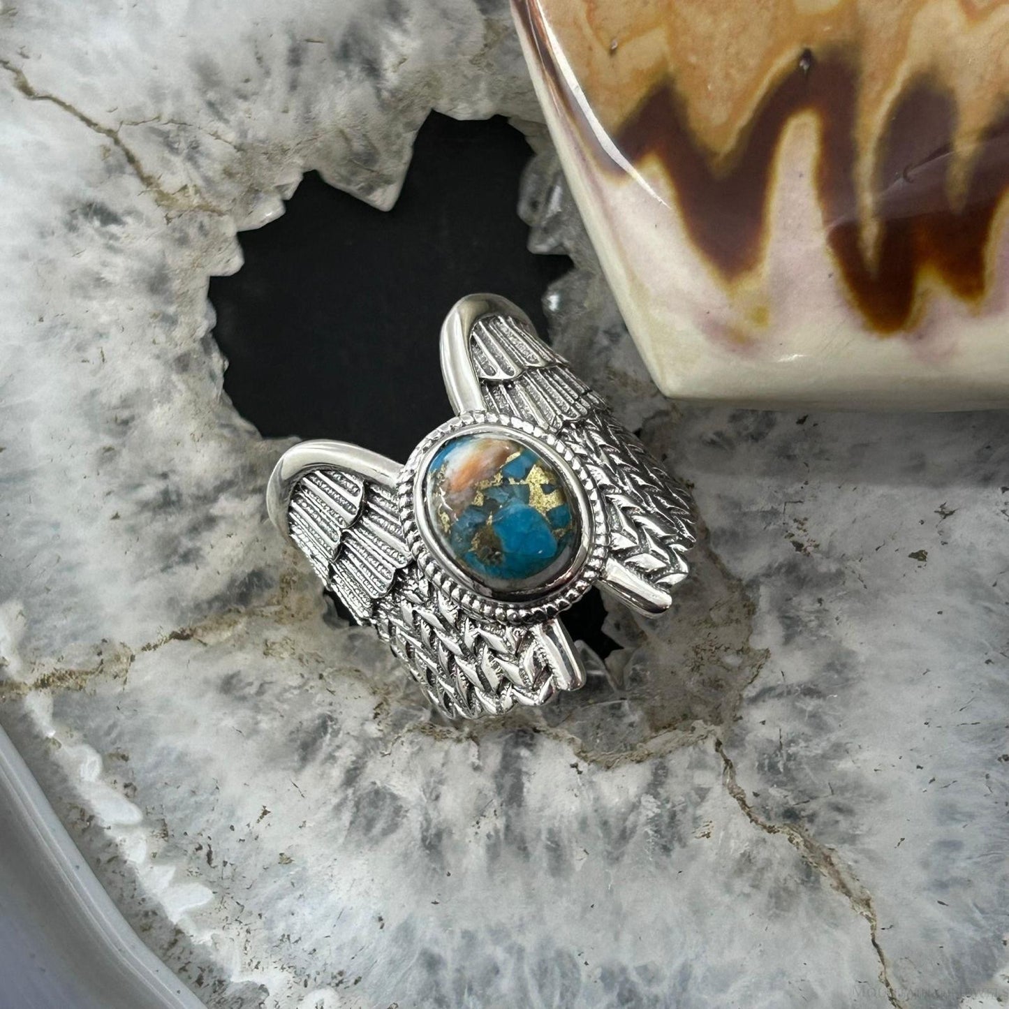Sterling Silver Southwestern Style Mohave Turquoise Wing Ring Size 7 For Women