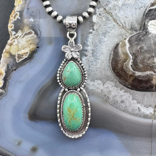 Sterling Silver Southwestern Style Green Turquoise Decorated Pendant For Women