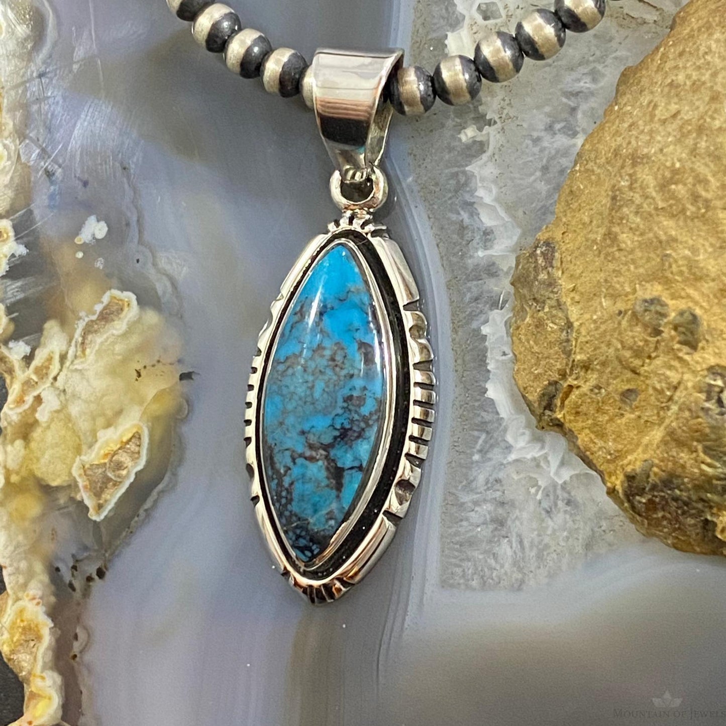 Native American Sterling Silver Turquoise With Matrix Marquise Pendant For Women