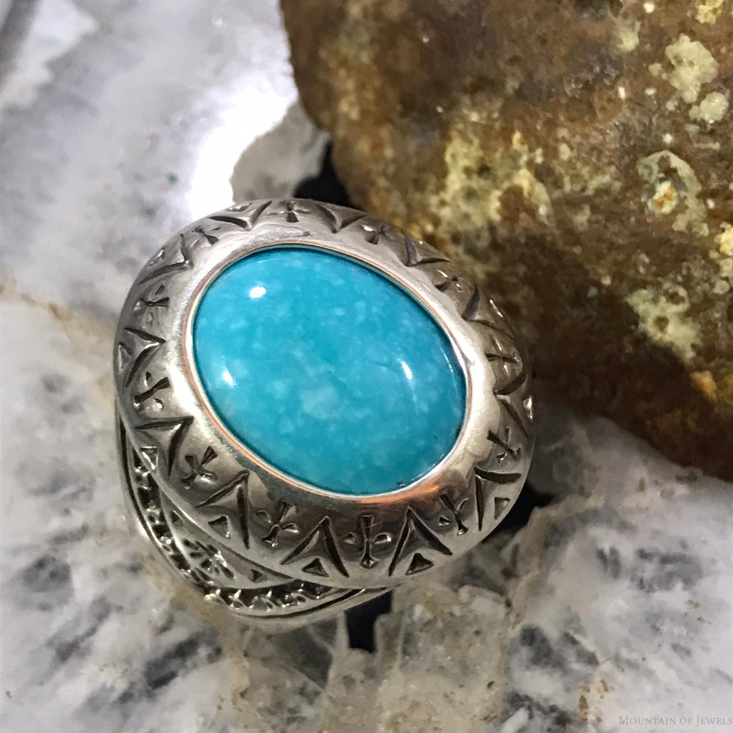 Carolyn Pollack Sterling  Silver Oval Turquoise Decorated Shield Ring Size 9.5 For Women