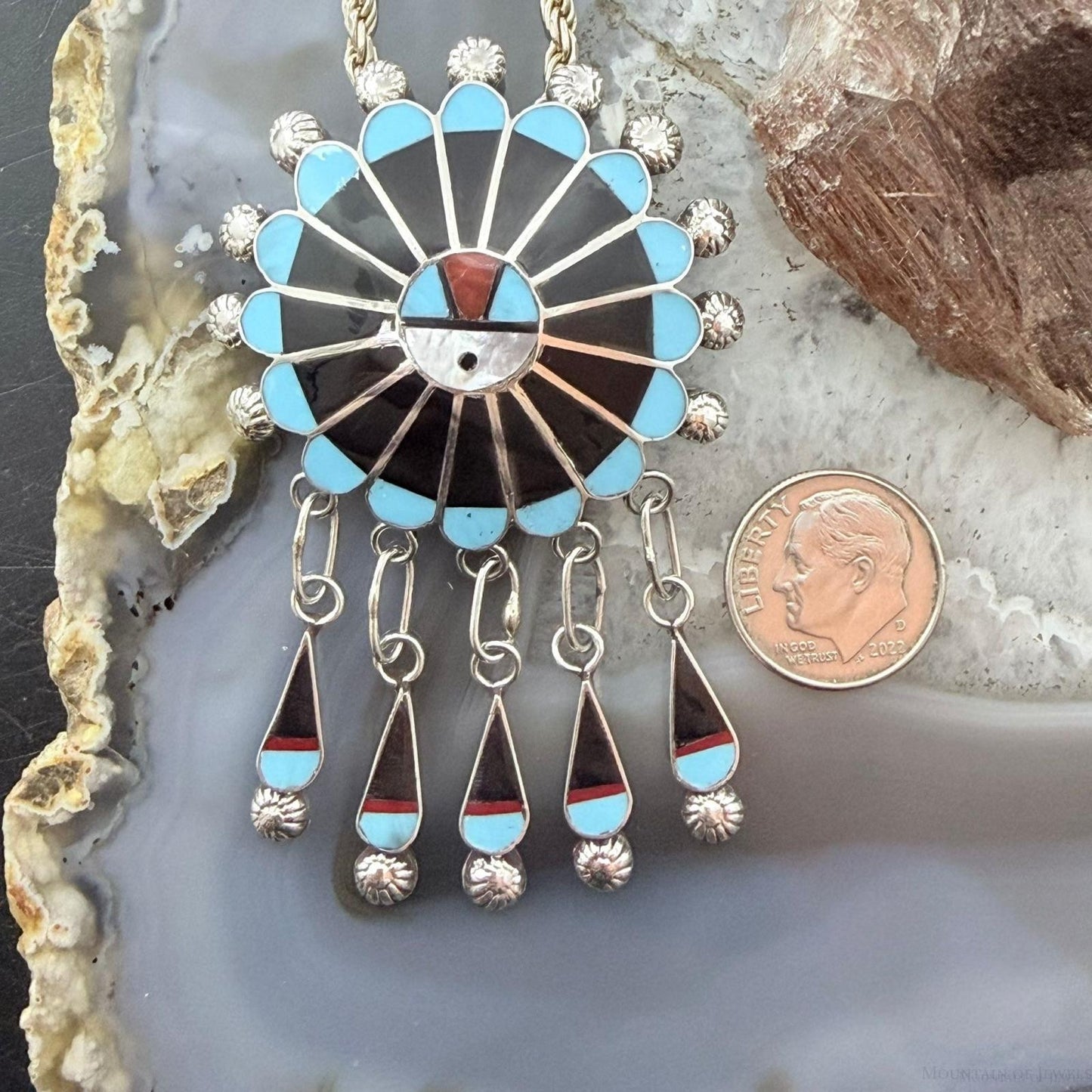 Abel Soseeah Native American Sterling Silver Zuni Inlay Sunface Pendant/Brooch For Women