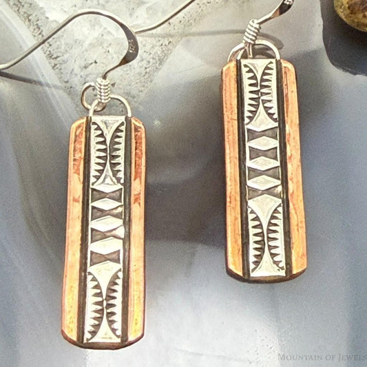 Landon Secatero Navajo Sterling Silver & Copper Stamped Dangle Earrings For Women