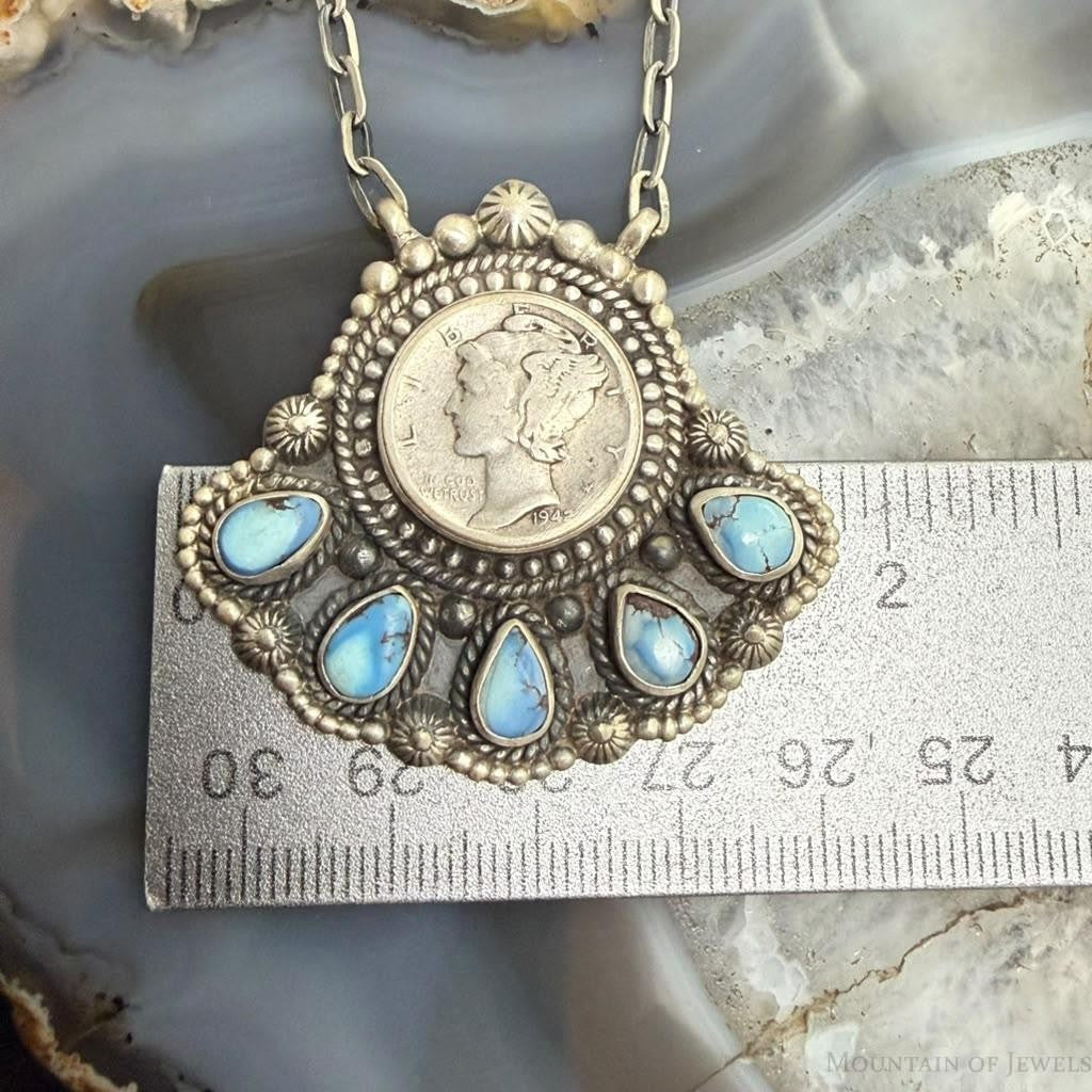 Sterling Silver Southwestern Style 1942 Mercury Dime & Golden Hill Turquoise Necklace For Women