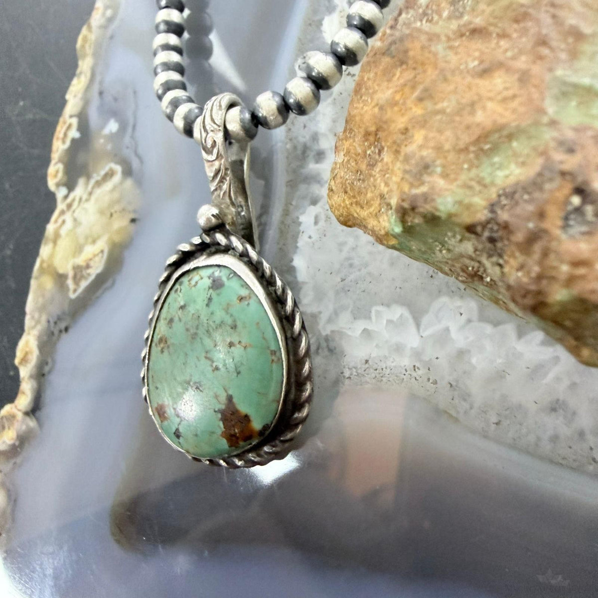 Vintage Sterling Silver Native American Green Turquoise Shepherd Hook Pendant