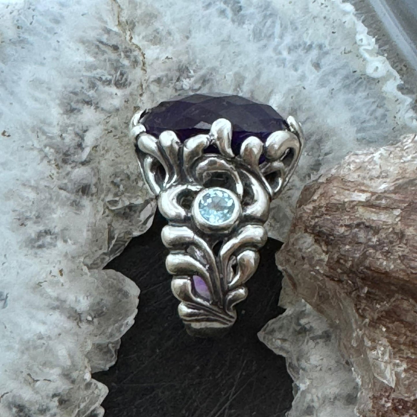 Carolyn Pollack Sterling Silver Faceted Amethyst/2 Blue Topaz Decorated Ring For Women