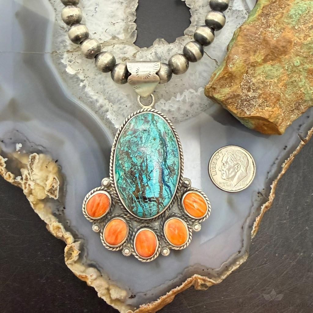 Sterling Silver Southwestern Style Azurite Malachite & Spiny Oyster Decorated Pendant