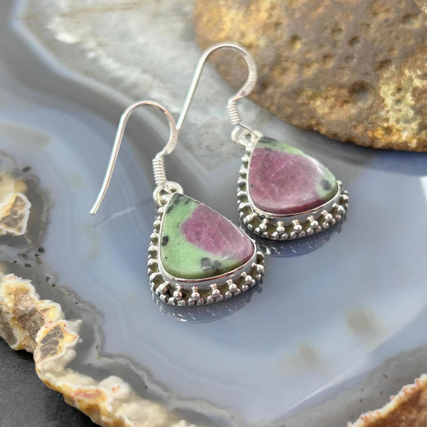 Sterling Silver Southwestern Style Teardrop Ruby Zoisite Dangle Earrings For Women