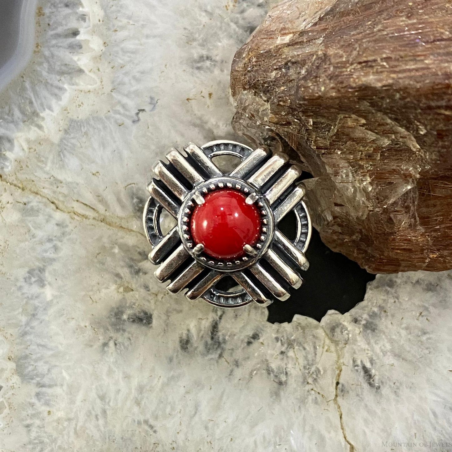 Carolyn Pollack Southwestern Style Sterling Silver Red Jasper Zia Symbol Ring For Women