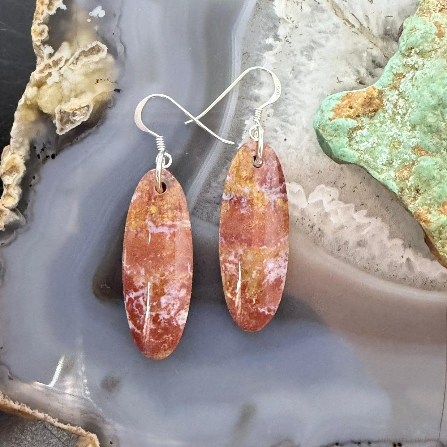 Sterling Silver Teardrop Plum Moss Agate Slab Dangle Earrings For Women #508