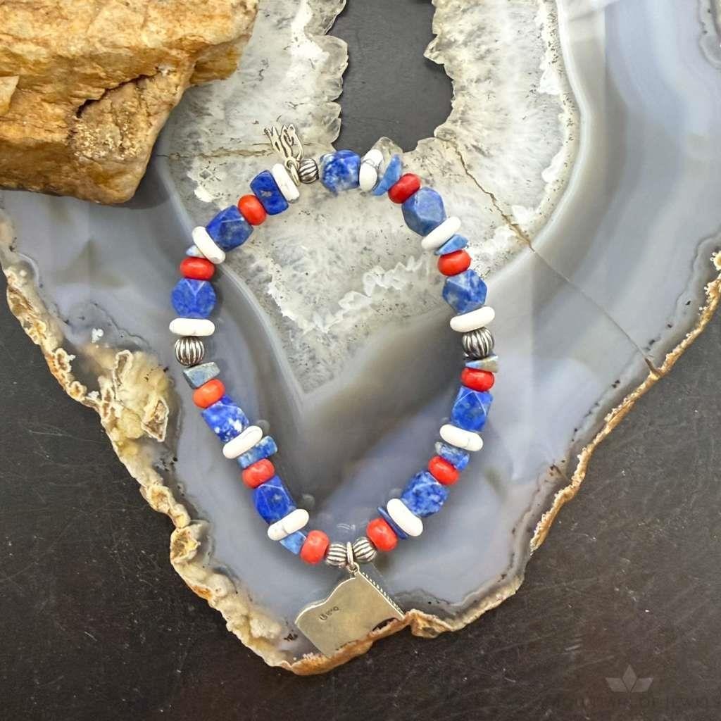 Carolyn Pollack Sterling Silver Multi Gemstone Bead w/Texas Flag Charm Bracelet For Women