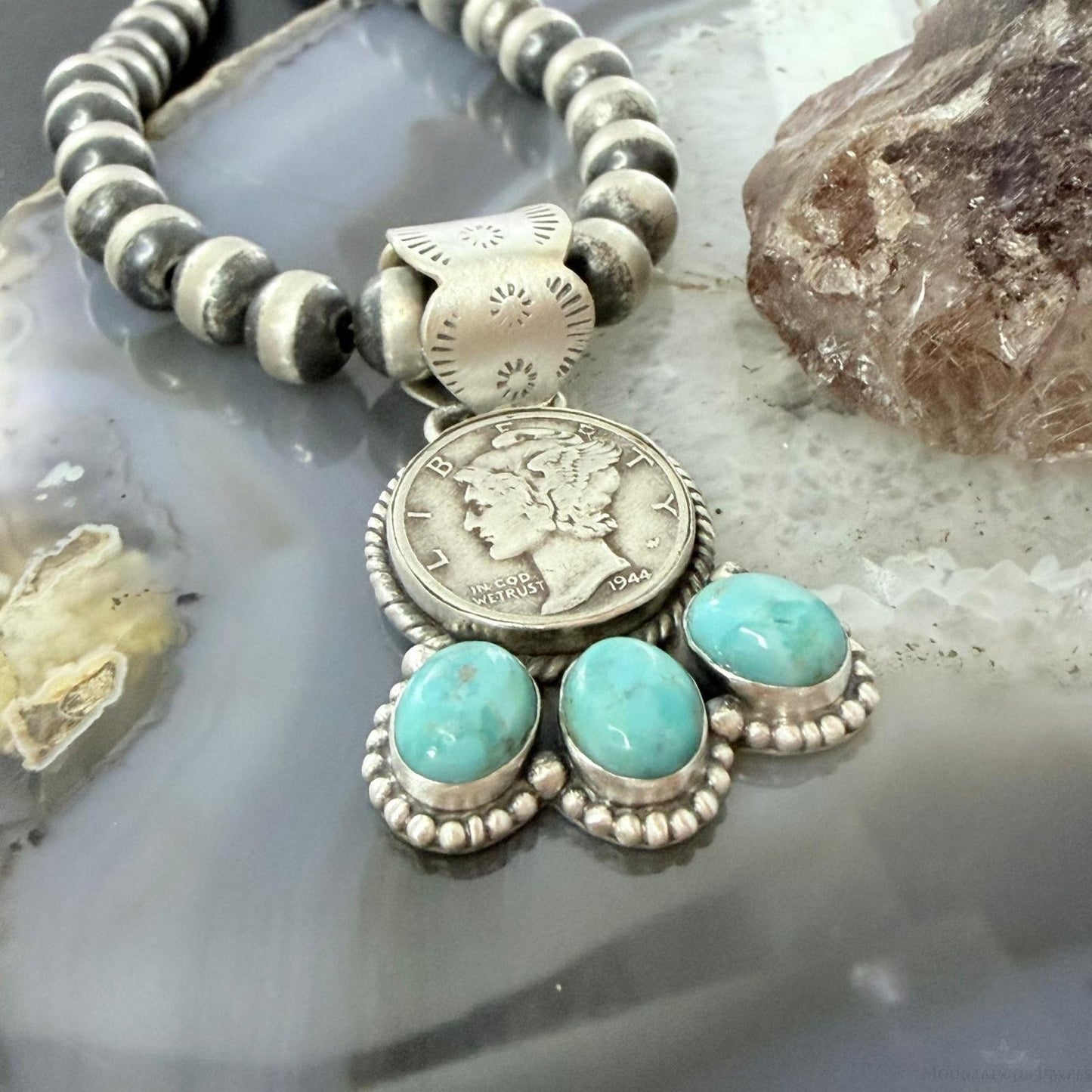 Genuine 1944 Silver 90% Silver Mercury Dime Coin Mohave Turquoise Unisex Sterling Silver Pendant