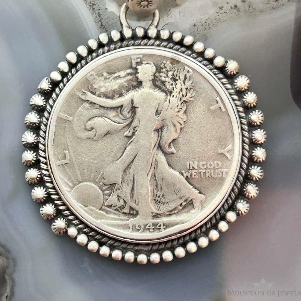 Genuine 90% Silver 1944 US Walking Liberty Half Dollar Decorated Unisex Pendant