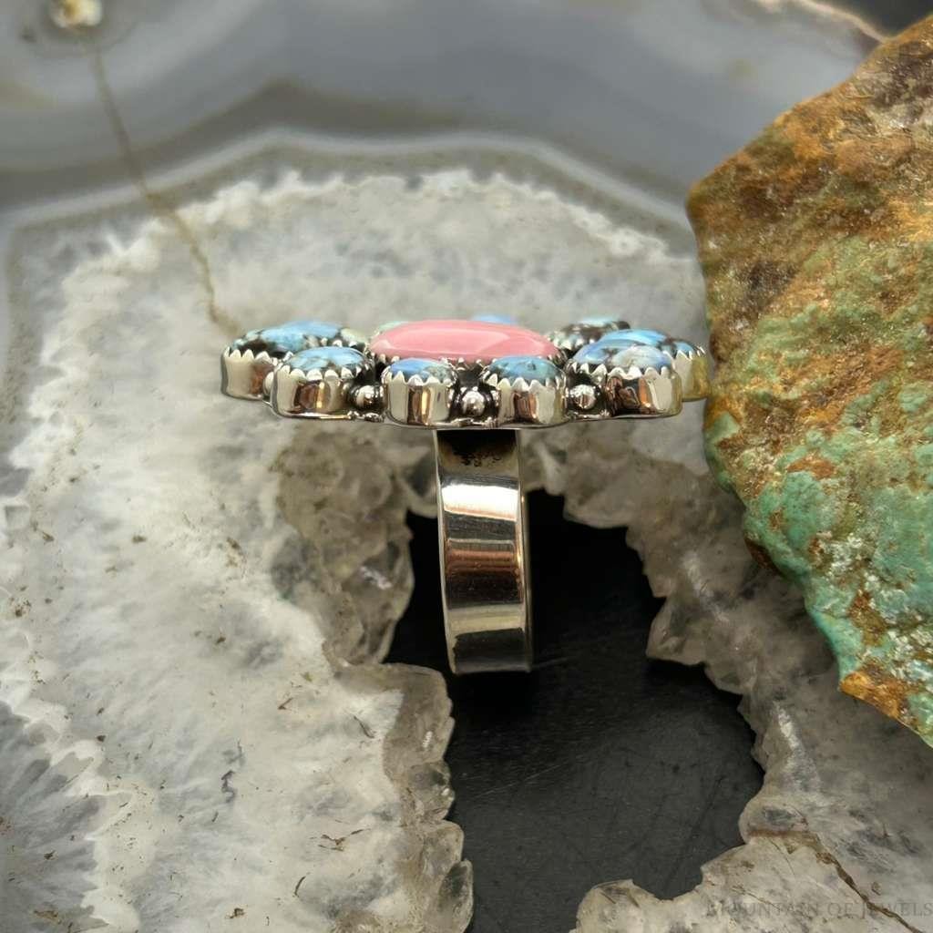 Sterling Silver Southwestern Style Pink Conch &Turquoise Adjustable Cluster Ring For Women
