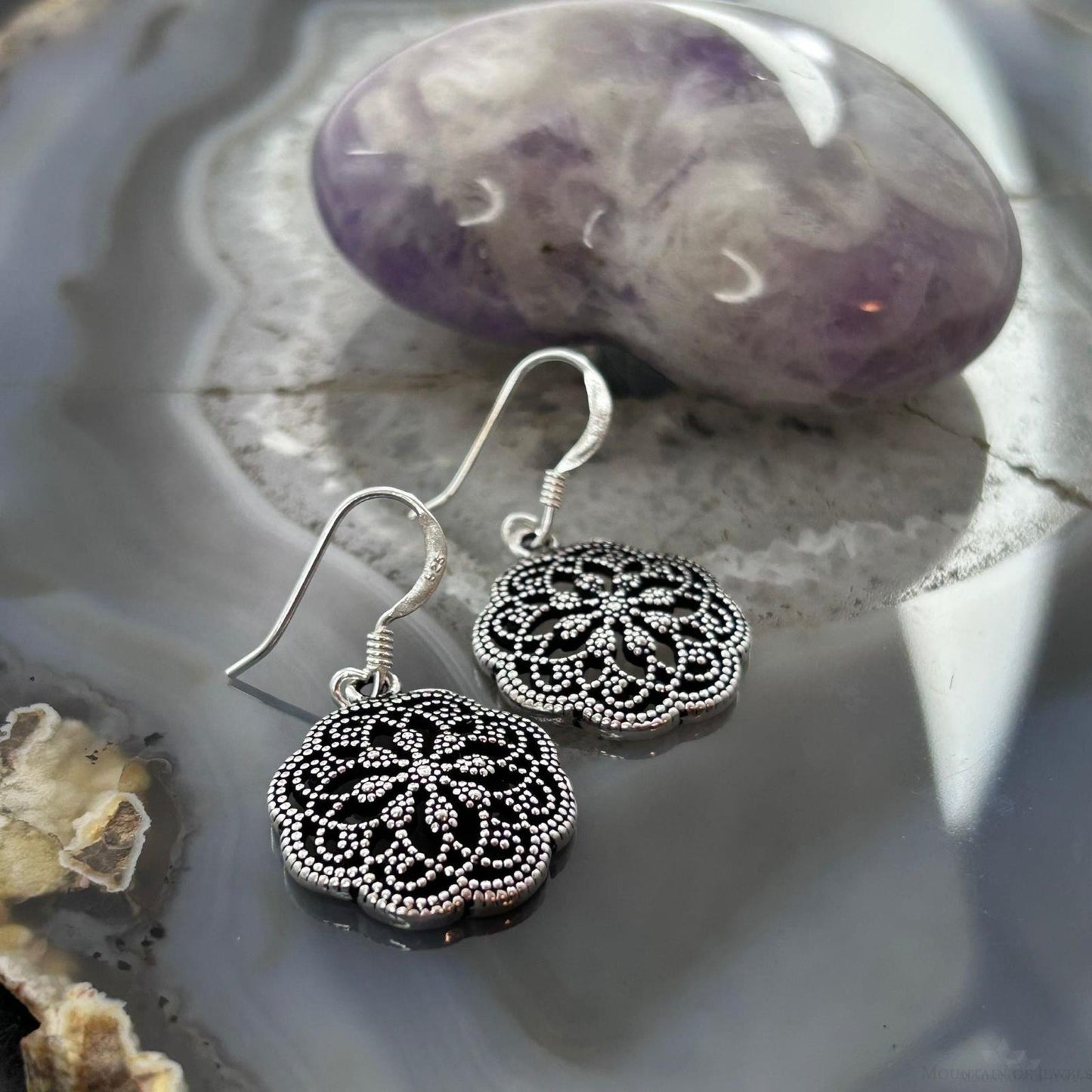 Sterling Silver Lattice Floral Design Dangle Earrings For Women