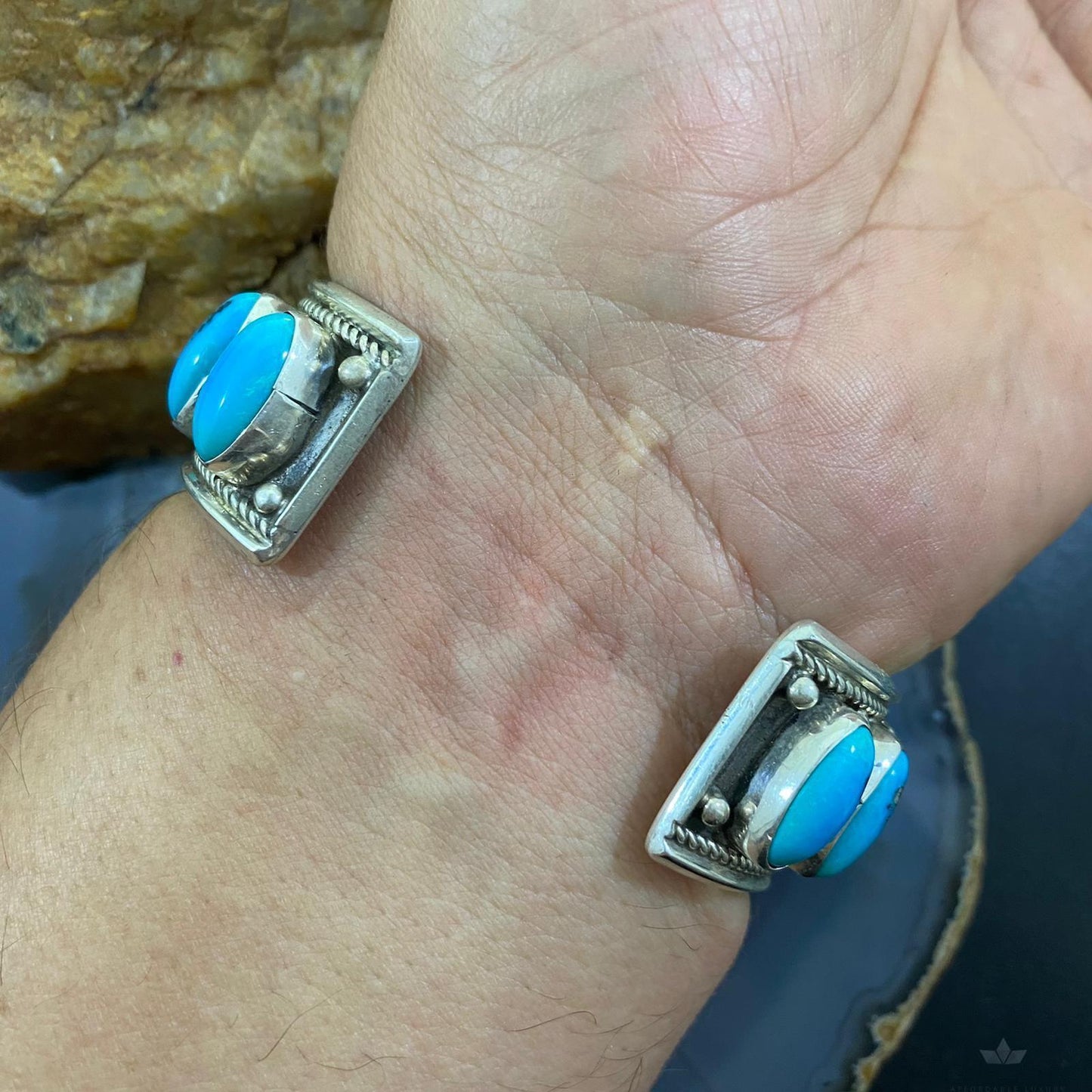 Vintage Native American Sterling Silver Oval Turquoise Row Bracelet For Men