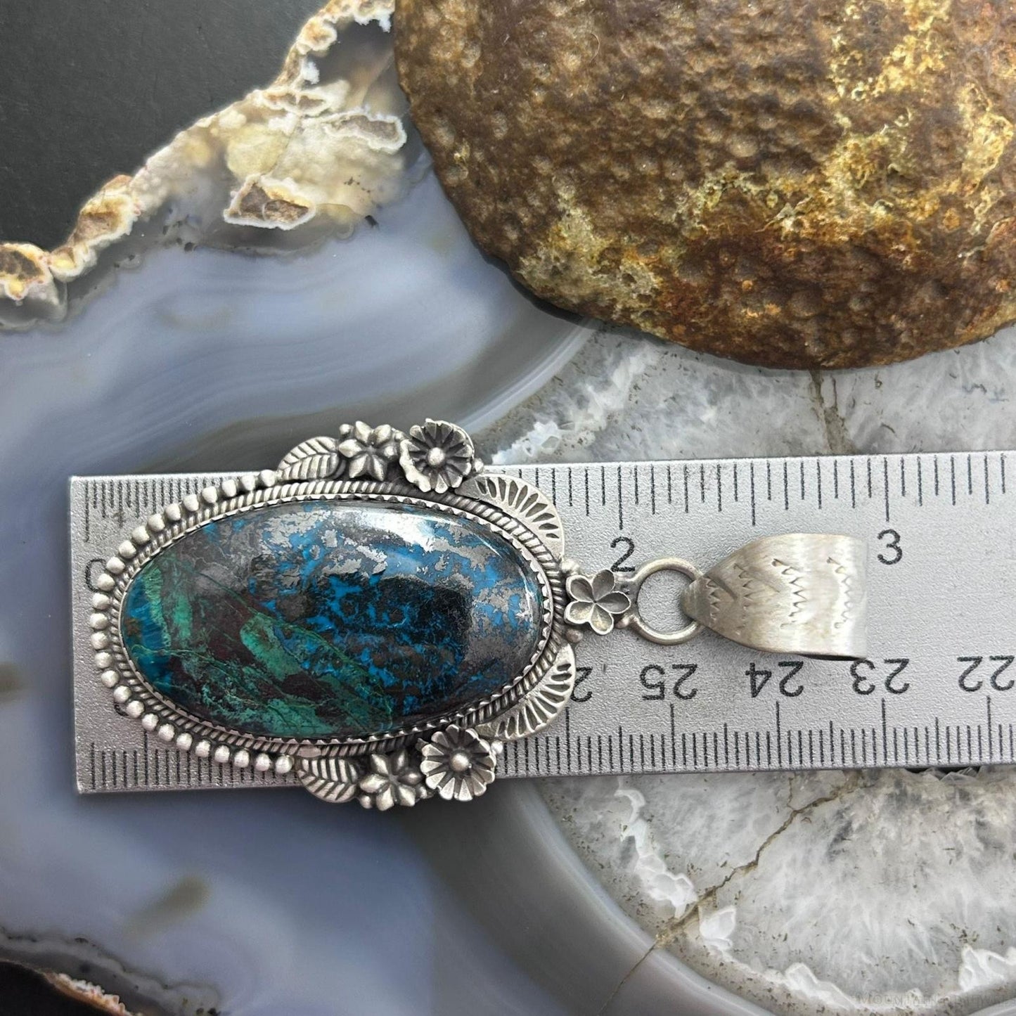 Sterling Silver Southwestern Style Oval Chrysocolla Decorated Pendant For Women