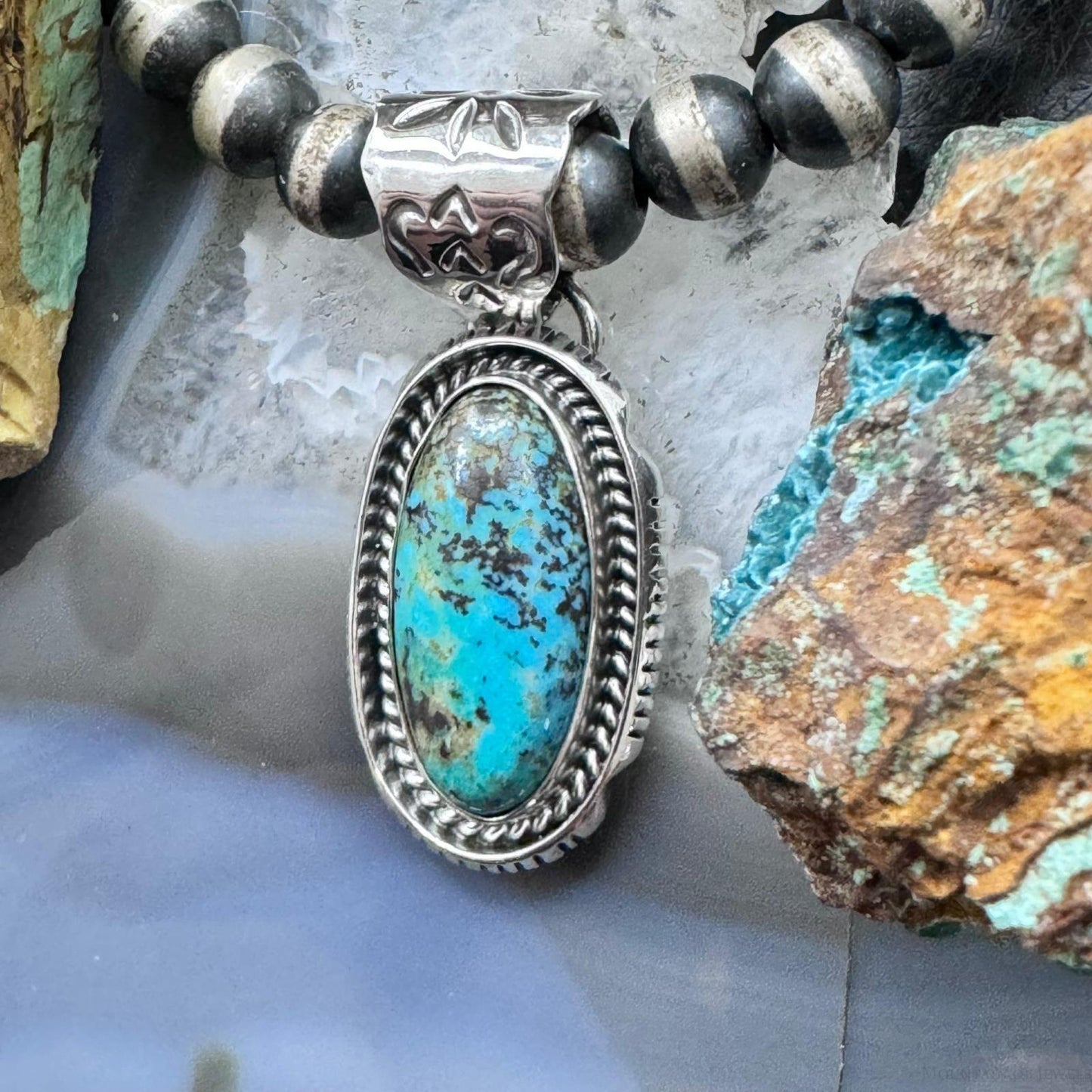 Native American Sterling Silver Elongated Oval Turquoise #8 Pendant For Women