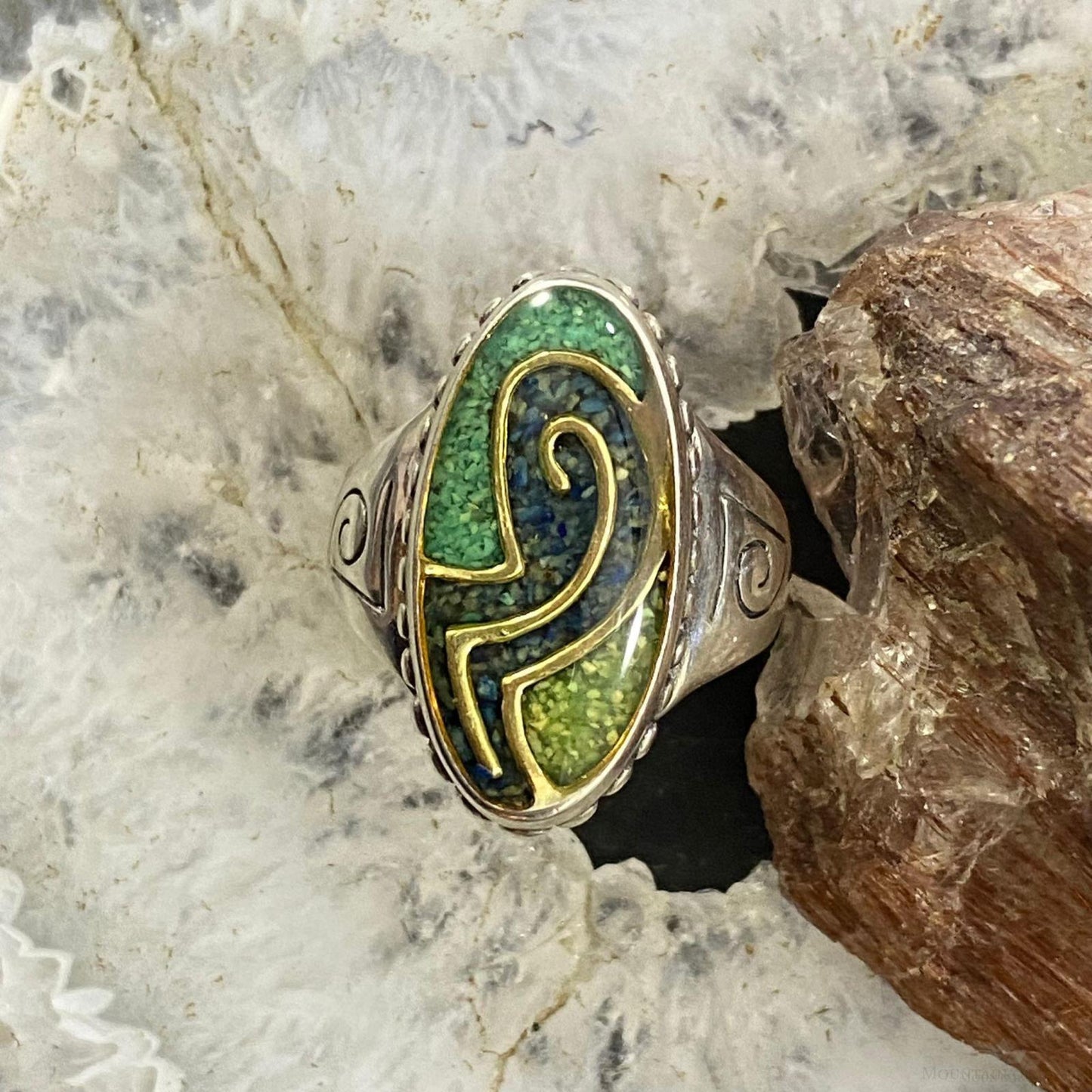 Carolyn Pollack Southwestern Style Sterling Green Turquoise & Lapis Chip Inlay Oval Ring For Women