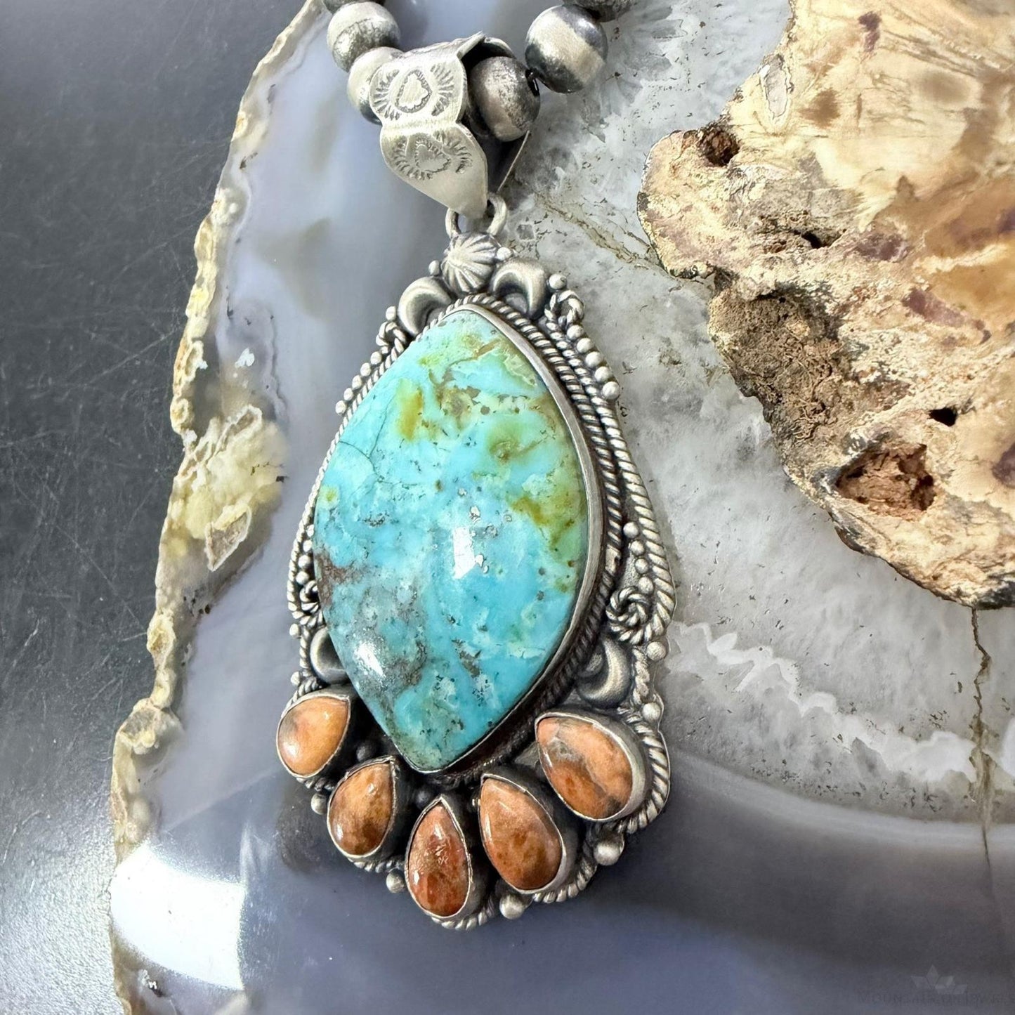 Sterling Silver Southwestern Style Large Turquoise & Spiny Oyster Pendant For Women