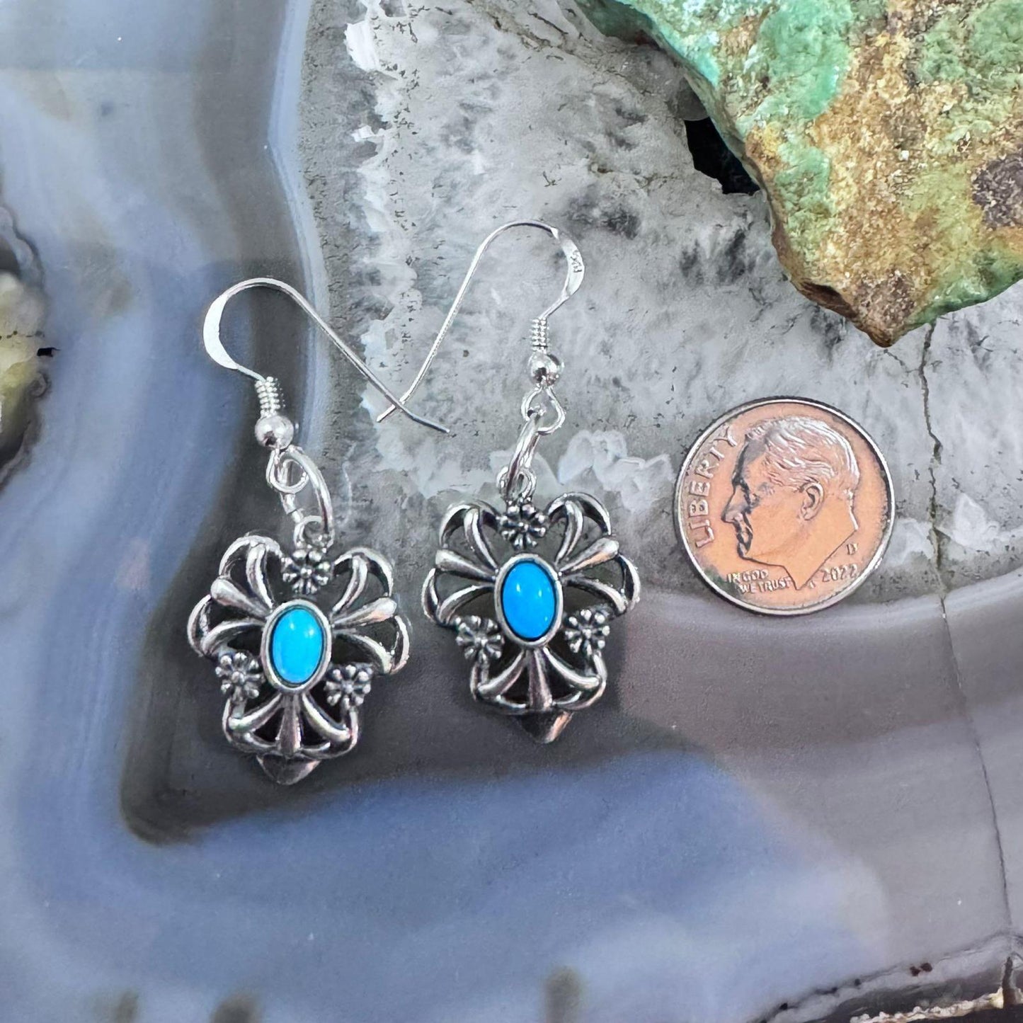 Carolyn Pollack Sterling Silver Turquoise Floral Dangle Earrings For Women