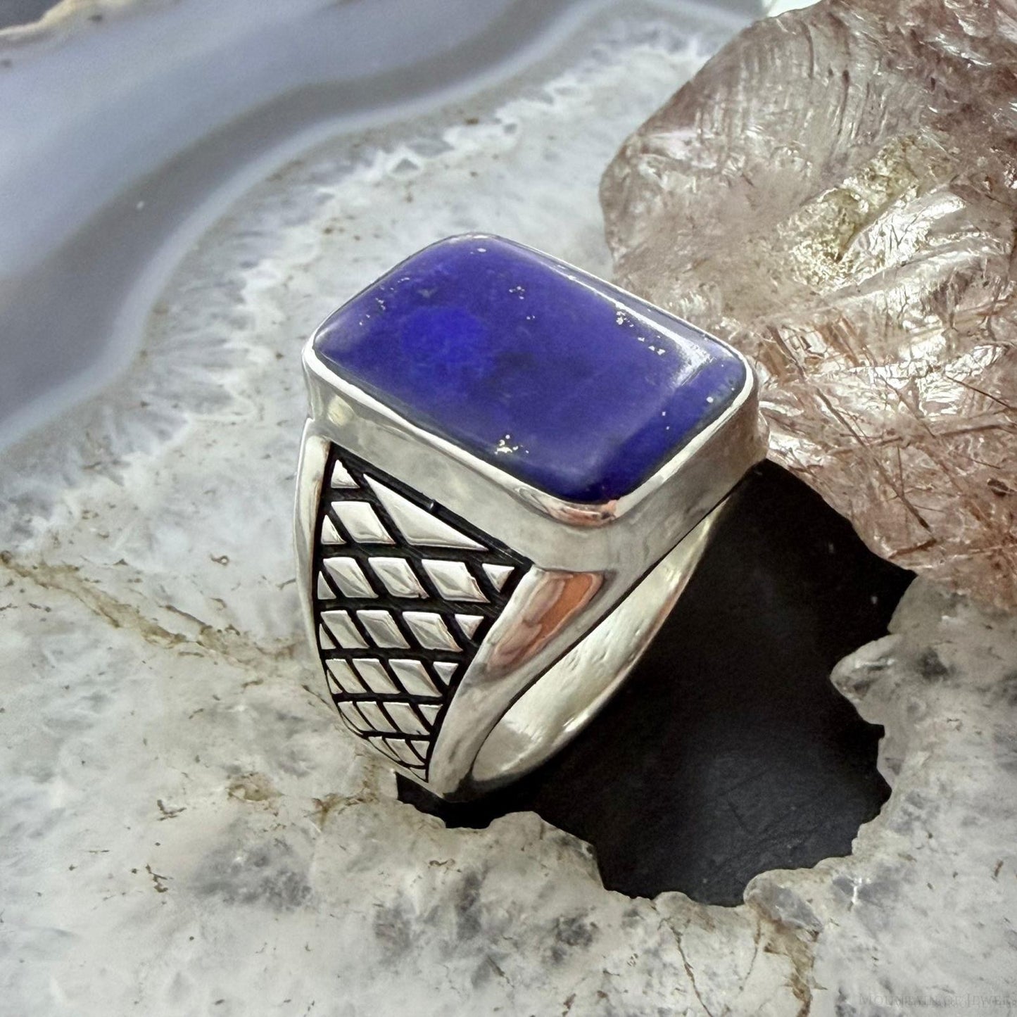 Native American Sterling Silver Lapis Decorated Bar Ring Size 11 For Men