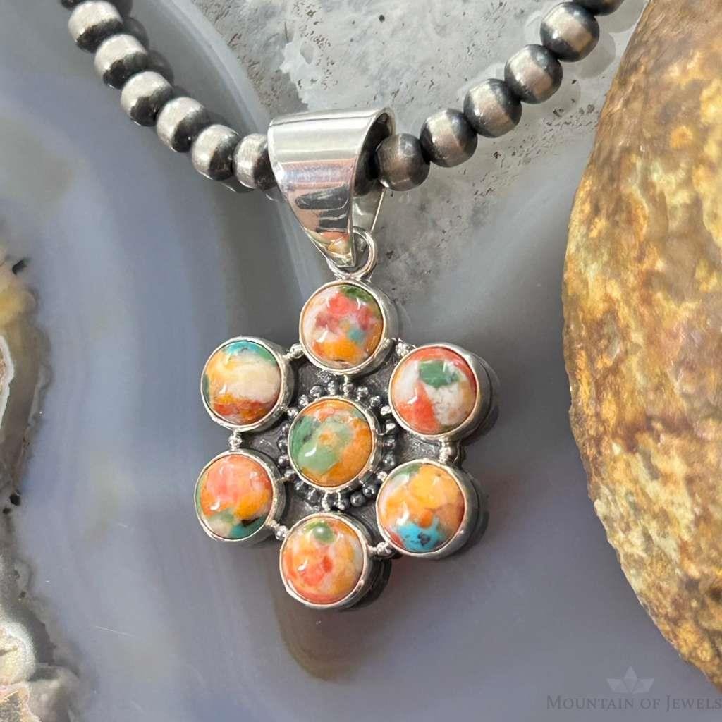 Native American Sterling Silver Turquoise Spiny Oyster Cluster Pendant For Women