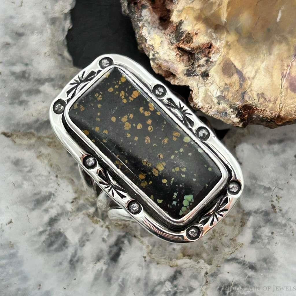Native American Sterling Silver Rectangle Black Jack Bar Ring Size 7.5 For Women