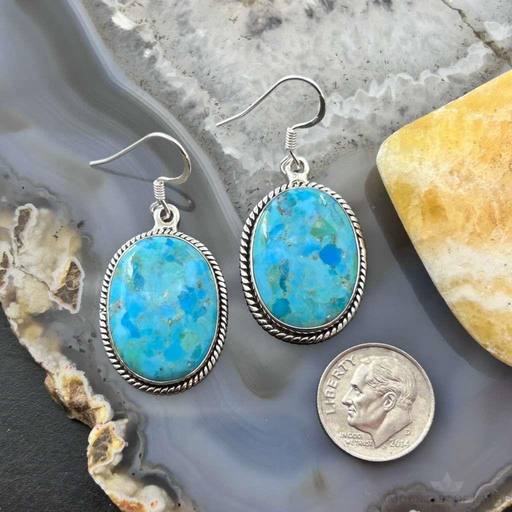 Sterling Silver Southwestern Style Oval Mojave Turquoise Dangle Earrings For Women