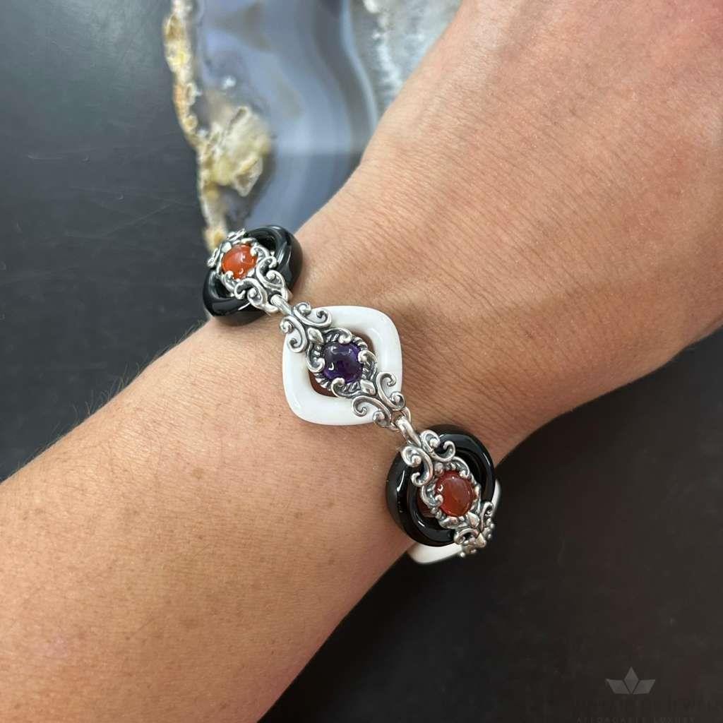 Carolyn Pollack Sterling Silver White & Black Agate Link Bracelet For Women