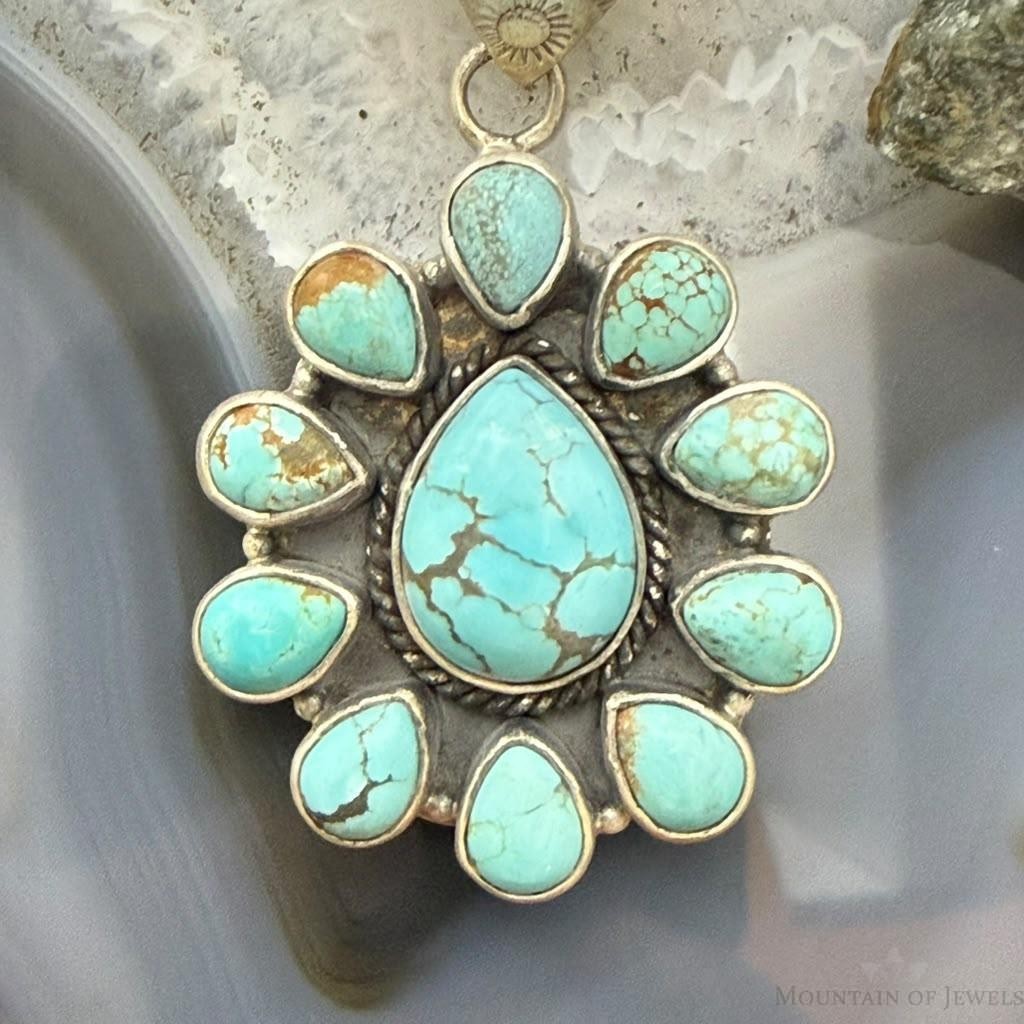 Sterling Silver Southwestern Style Teardrop Royston Turquoise Decorated Cluster Pendant