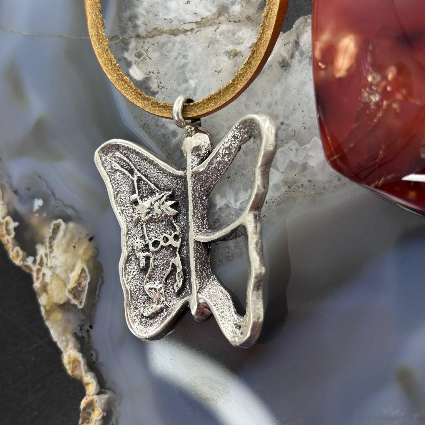 Gary Custer Navajo Sterling Silver Tufa Cast Butterfly w/Kachina Unisex Pendant