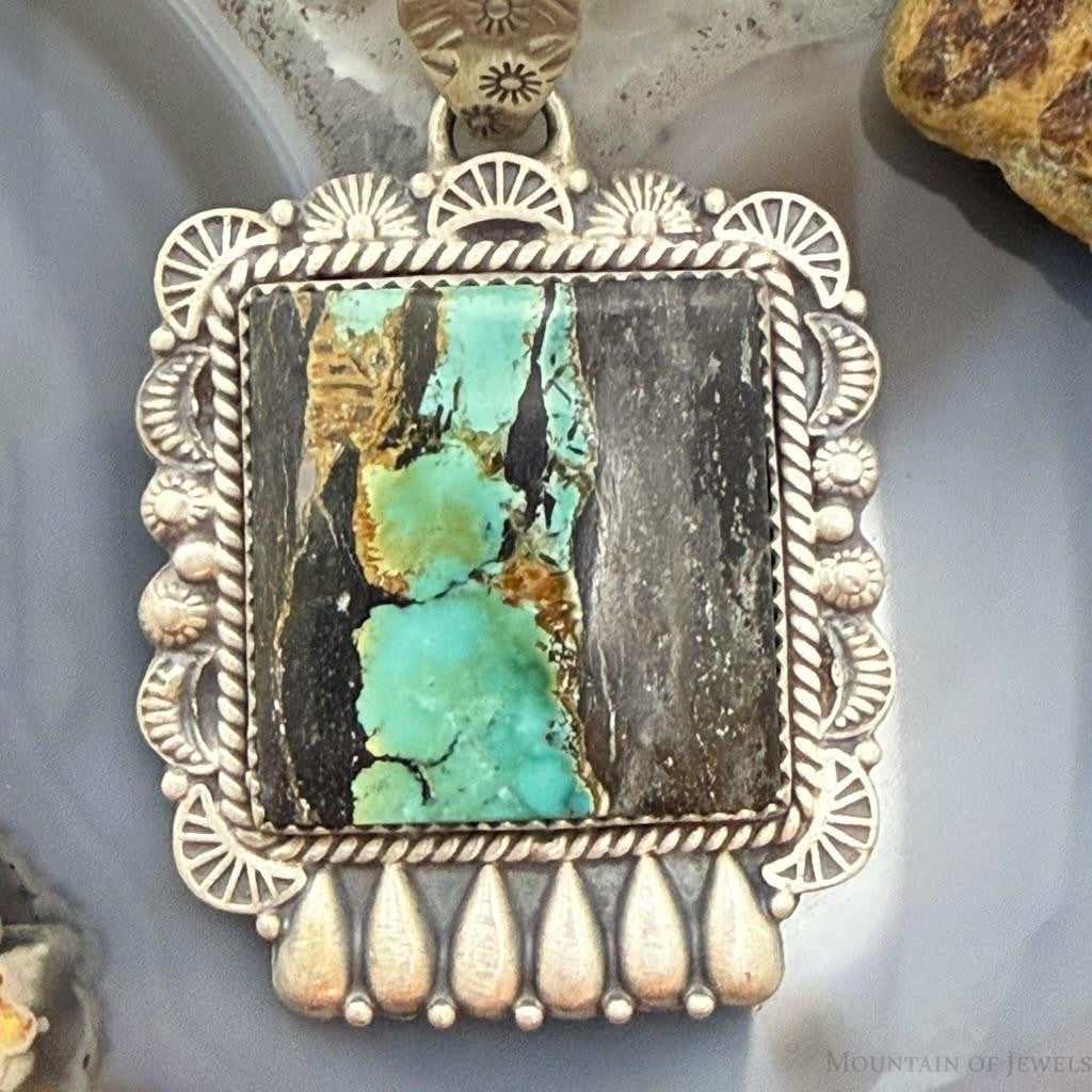 Sterling Silver Southwestern Style Square Blackjack Turquoise Decorated Pendant For Women