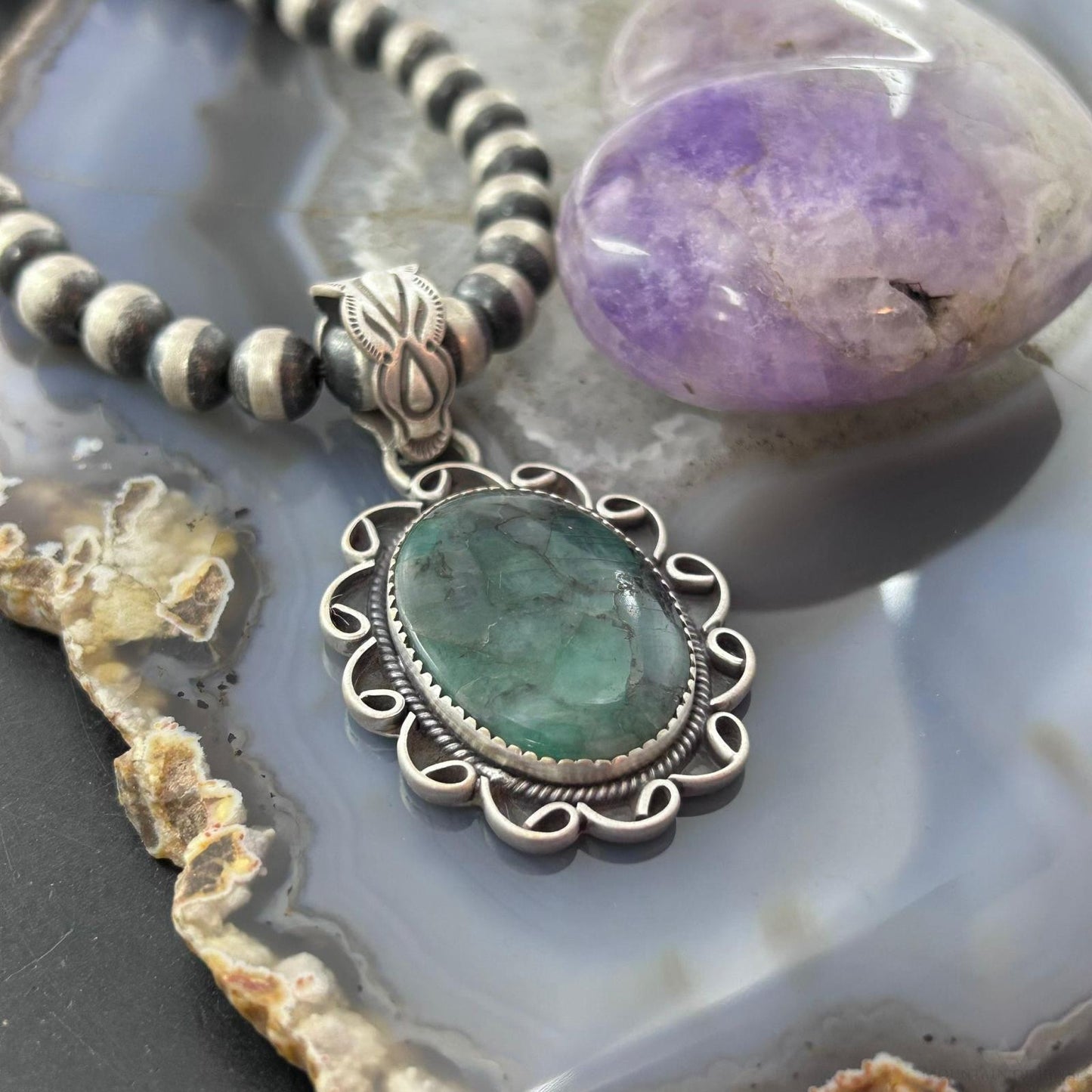 Sterling Silver Southwestern Style Oval Dark Emerald Decorated Pendant For Women