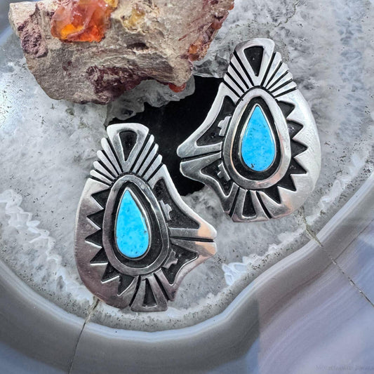 Abraham Begay Native American Sterling Silver Teardrop Turquoise Overlay Post Earrings For Women