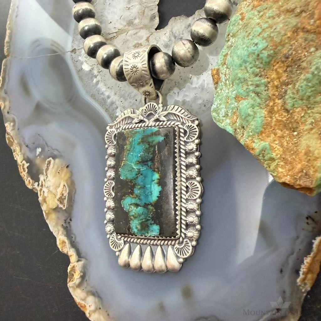 Sterling Silver Southwestern Style Rectangle Blackjack Turquoise Decorated Pendant