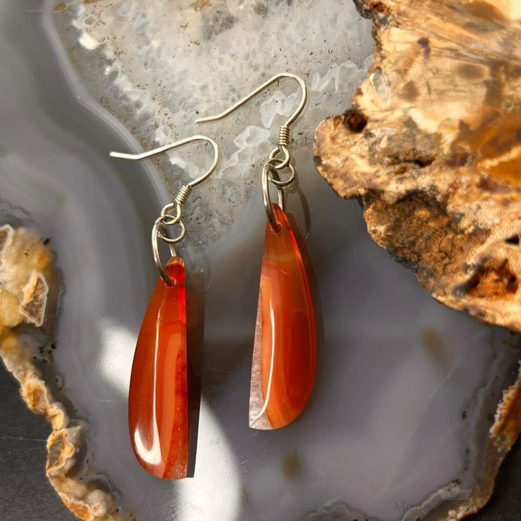Sterling Silver Elongated Half Moon Carnelian Slab Dangle Earrings For Women 327