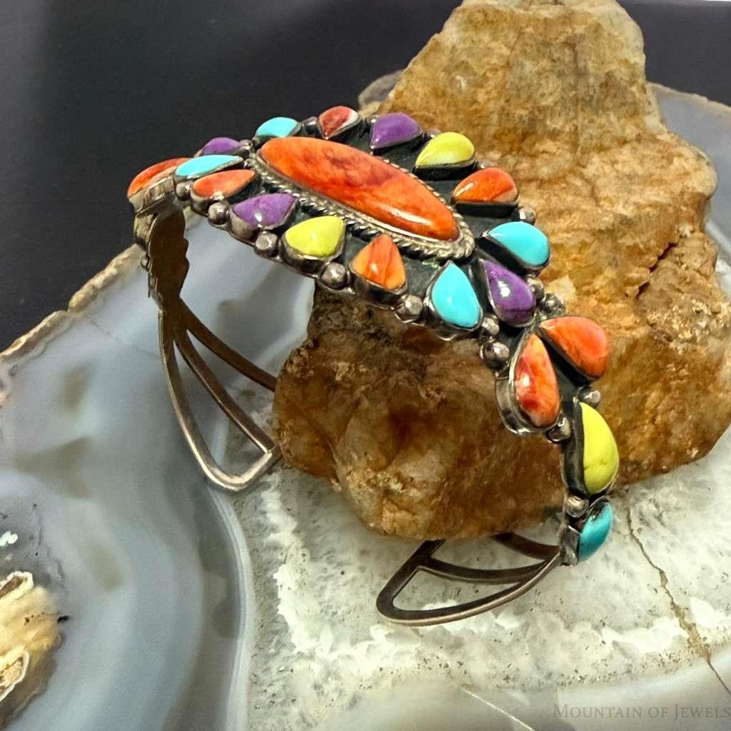 Signed Vintage Native American Sterling Silver Multi Stone Cluster Bracelet For Women