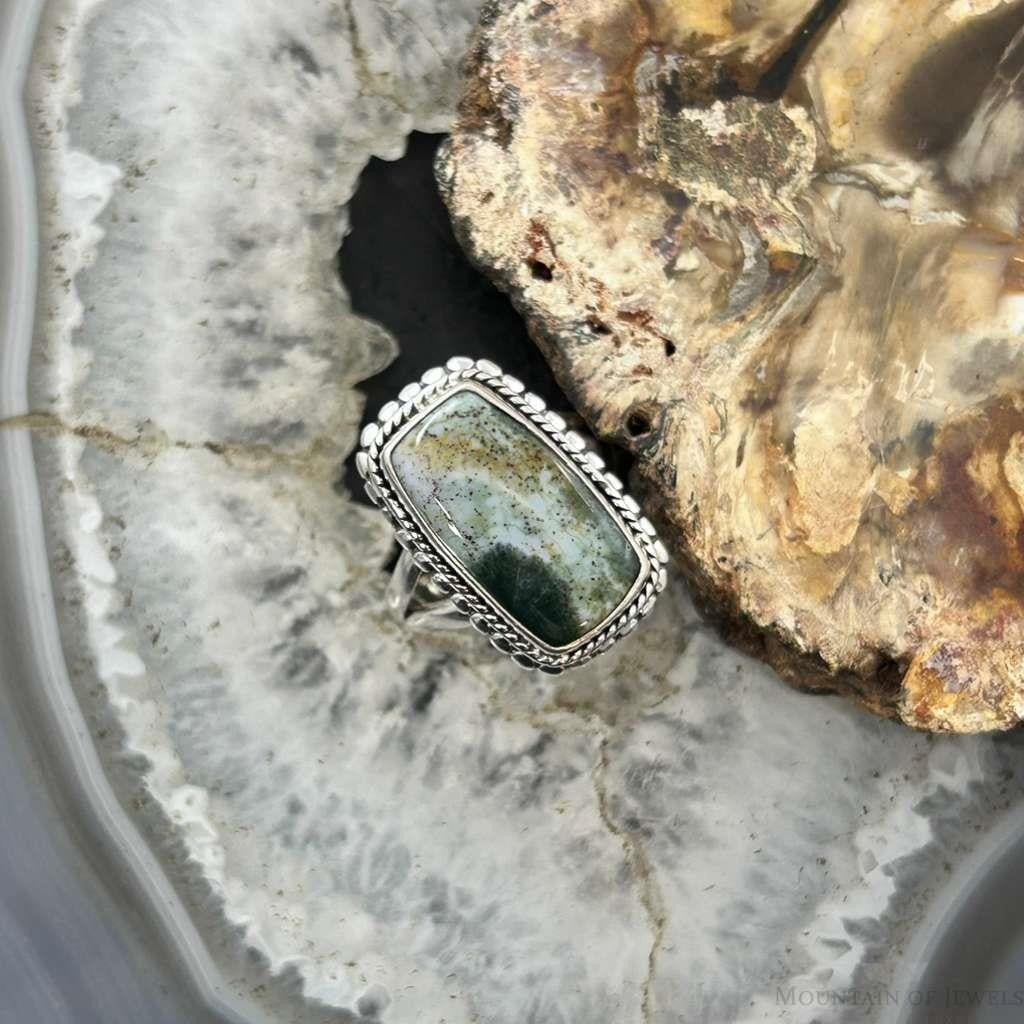 Sterling Silver Southwestern Style Rectangle Chrome Chalcedony Ring Size 7.25 For Women