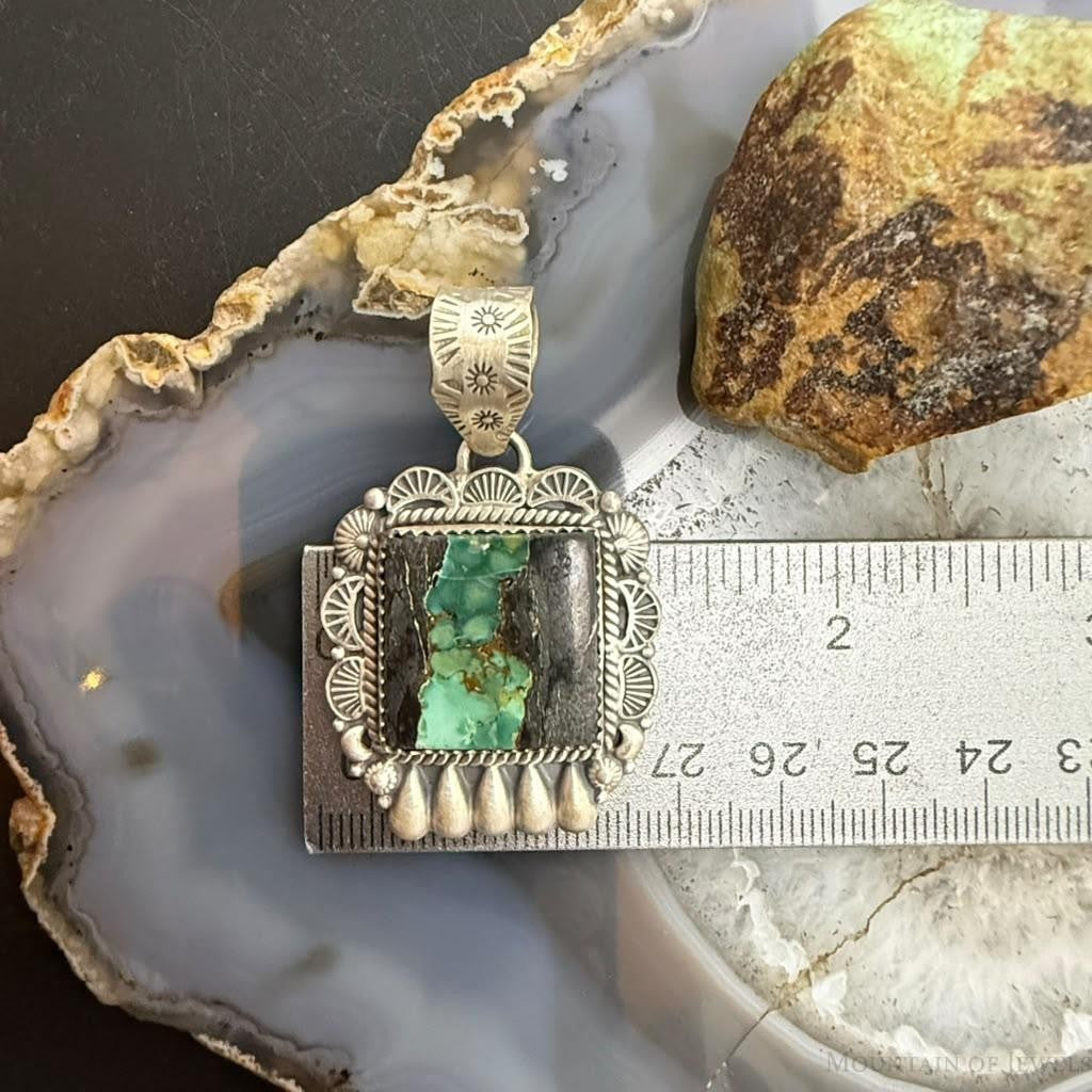 Sterling Silver Southwestern Style Rectangle Blackjack Turquoise Decorated Pendant #1