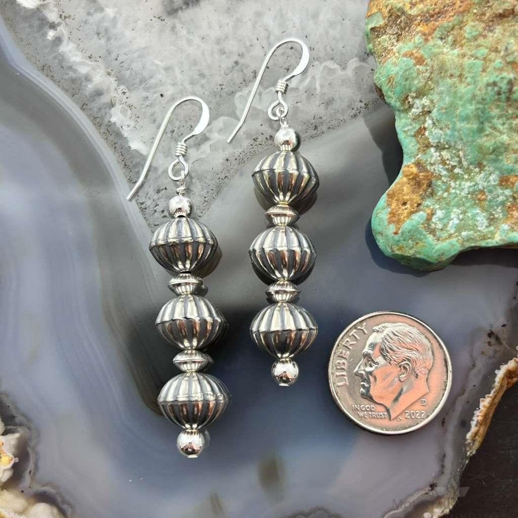 Native American Sterling Silver Grooved Saucer Pearl Beads Dangle Earrings For Earrings